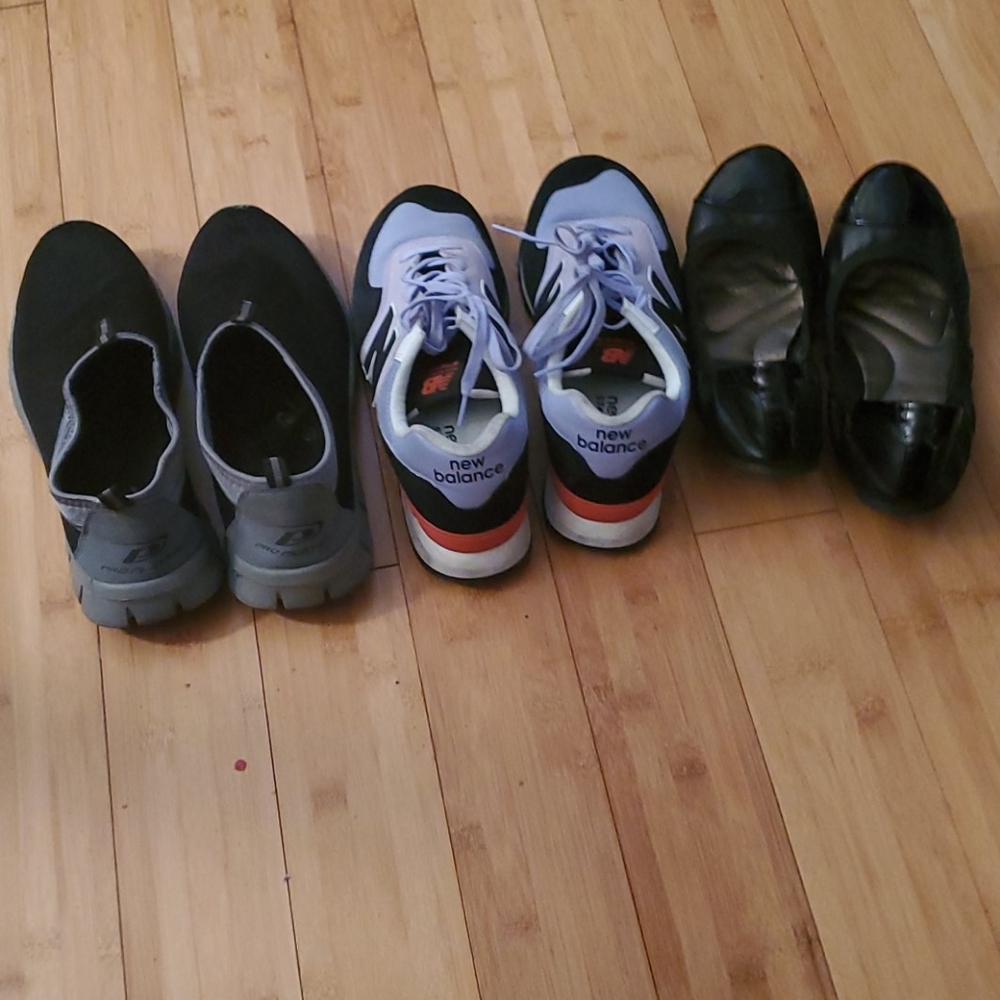 Tennis shoes and one pair of baby dolls shoes